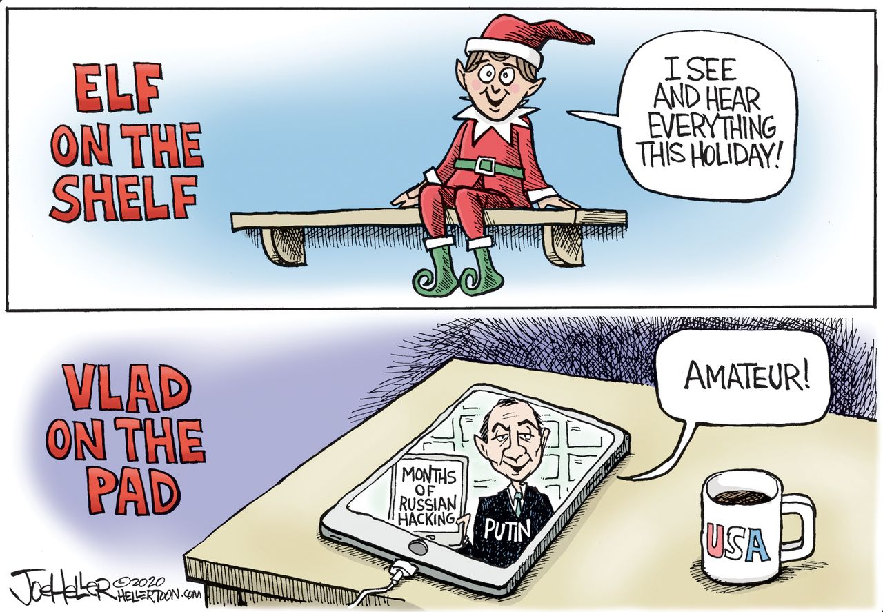 Political Cartoon U.S. Putin hacking Russia elf on the shelf