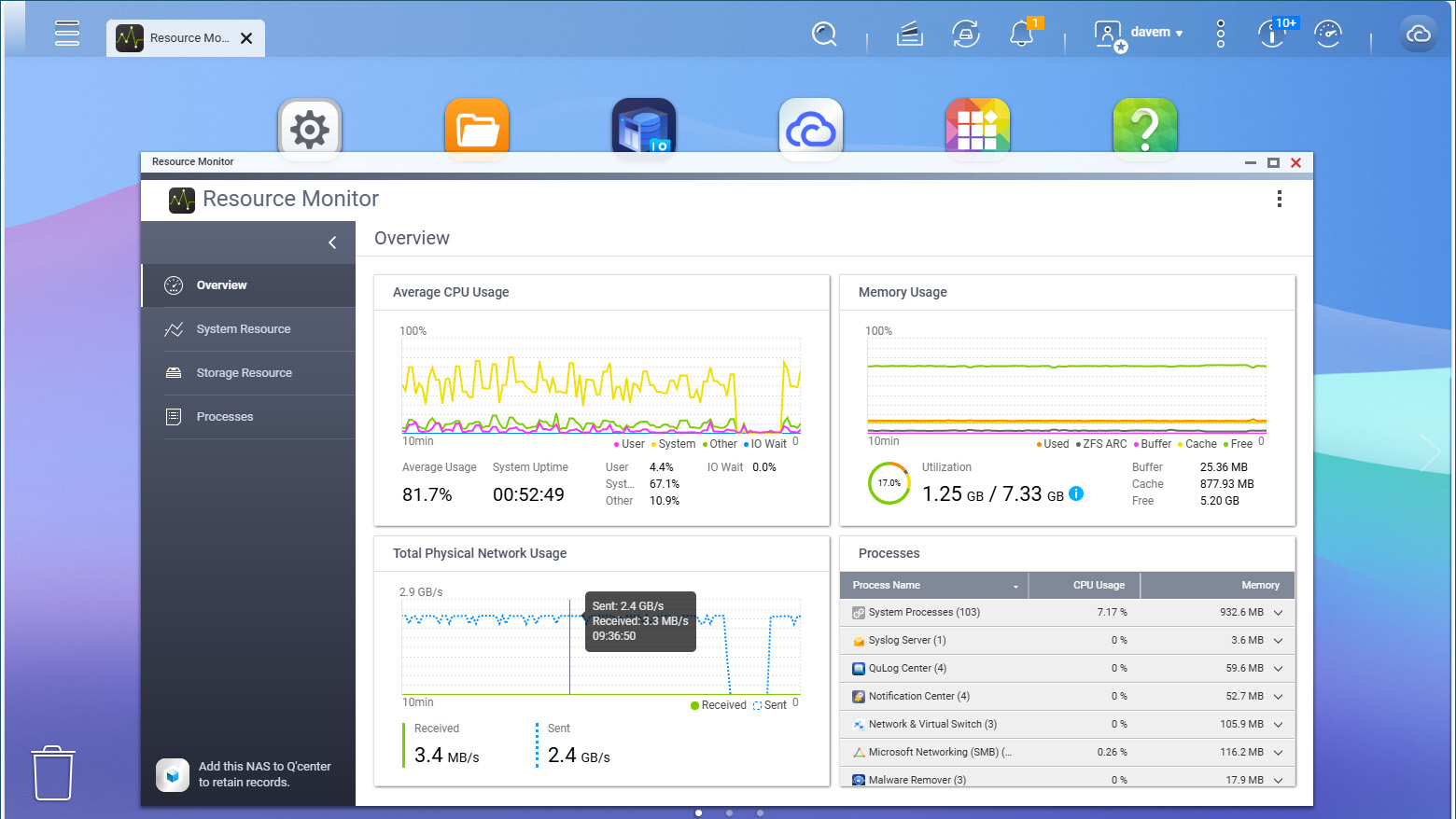 The Resources Manager on the Qnap TS-765eU