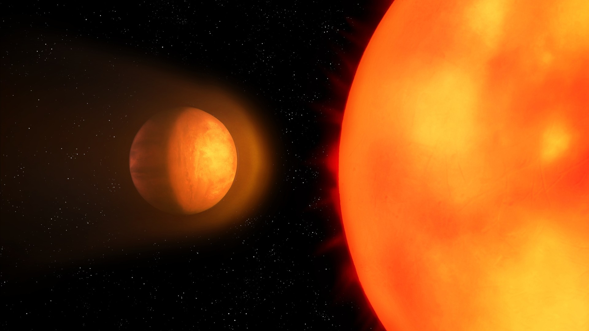 An illustration of a hot Jupiter orbiting its parent star closely.