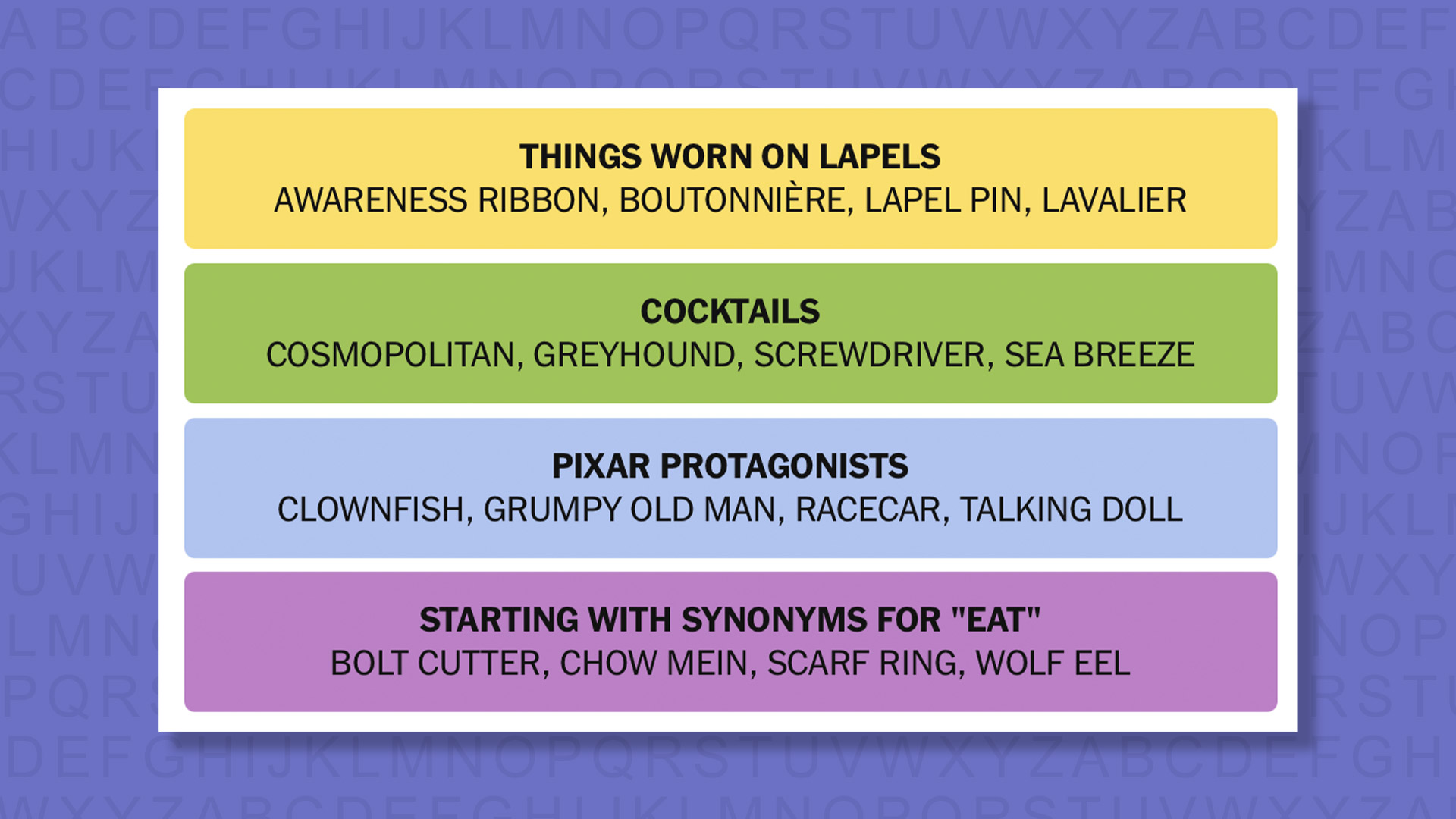 NYT Connections answers for game 894 on a purple background