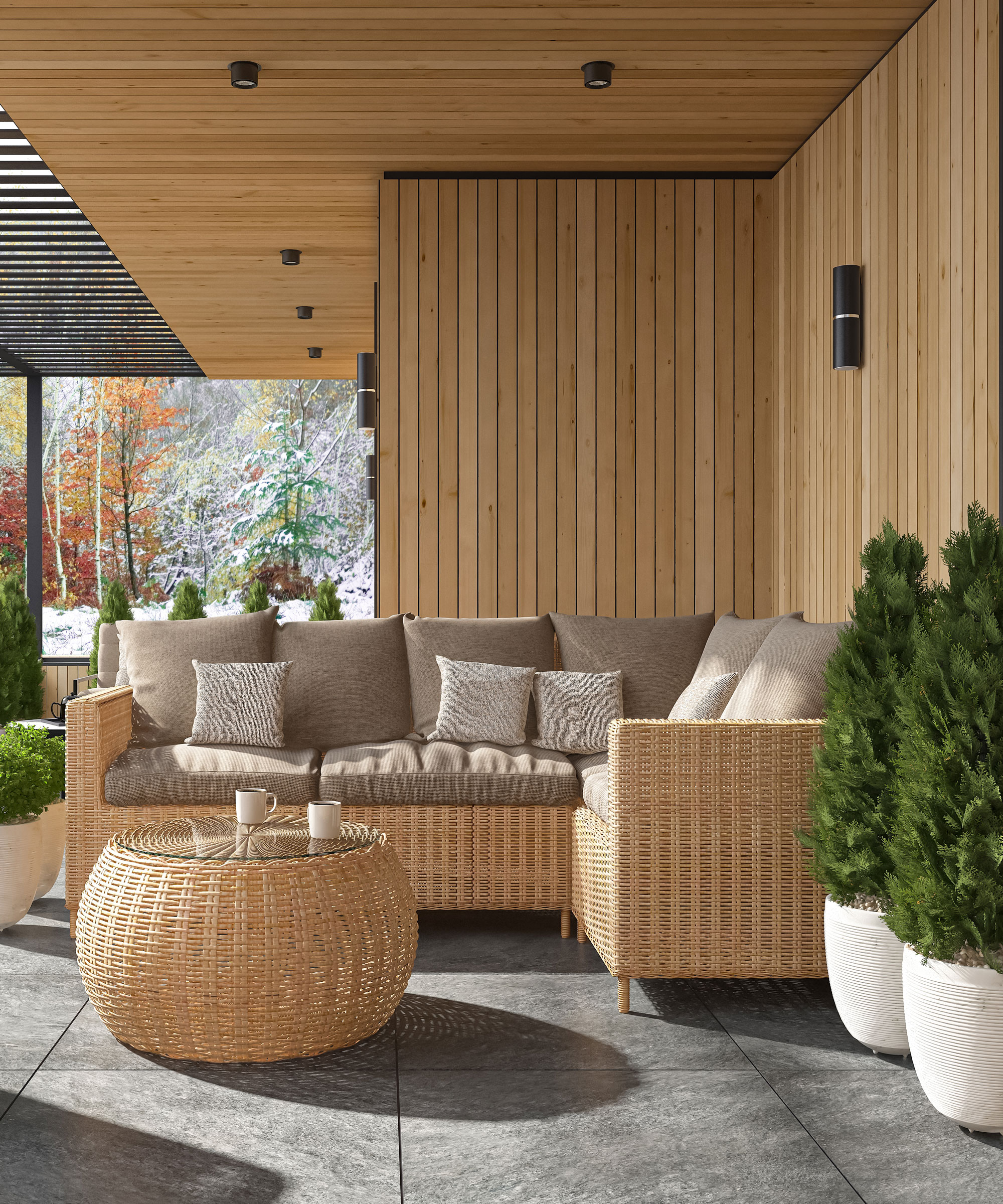 garden patio with light wooden surround, modular furniture including L-shaped sofa and coffee table, with evergreens in white planters