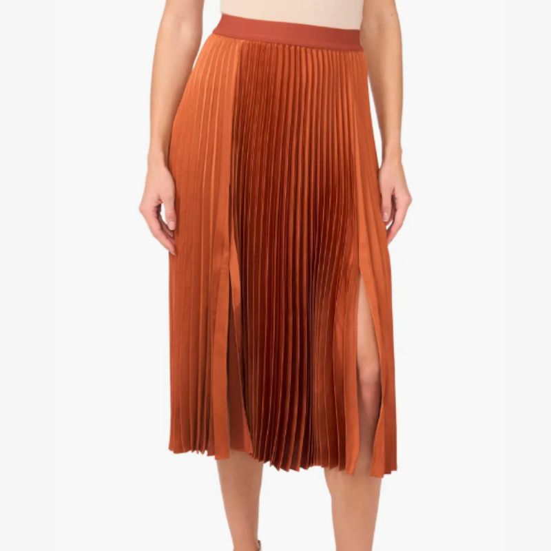 burnt orange pleated satin midi skirt