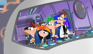 Phineas and Ferb in a spaceship