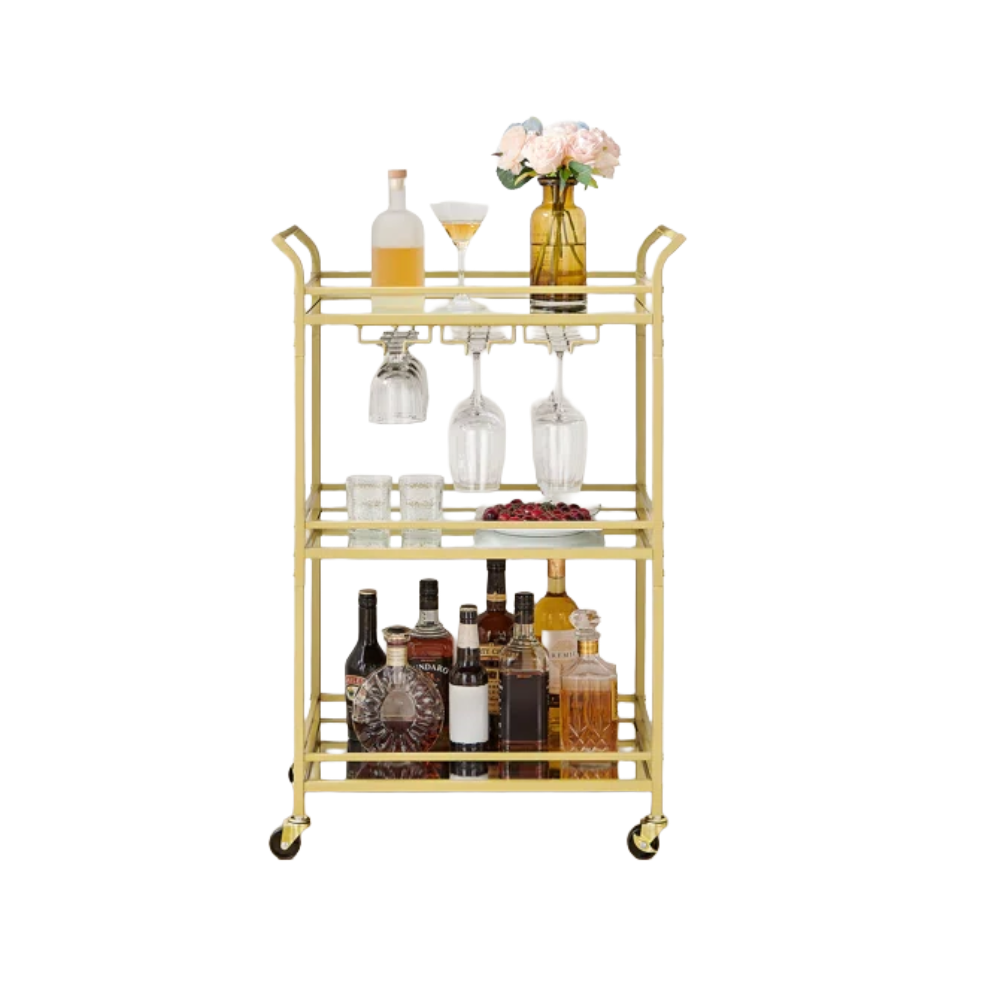 gold drinks trolley with three shelves and glass holder