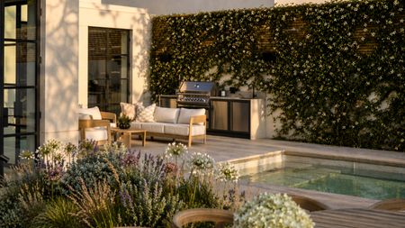 A modular outdoor kitchen next to a pool