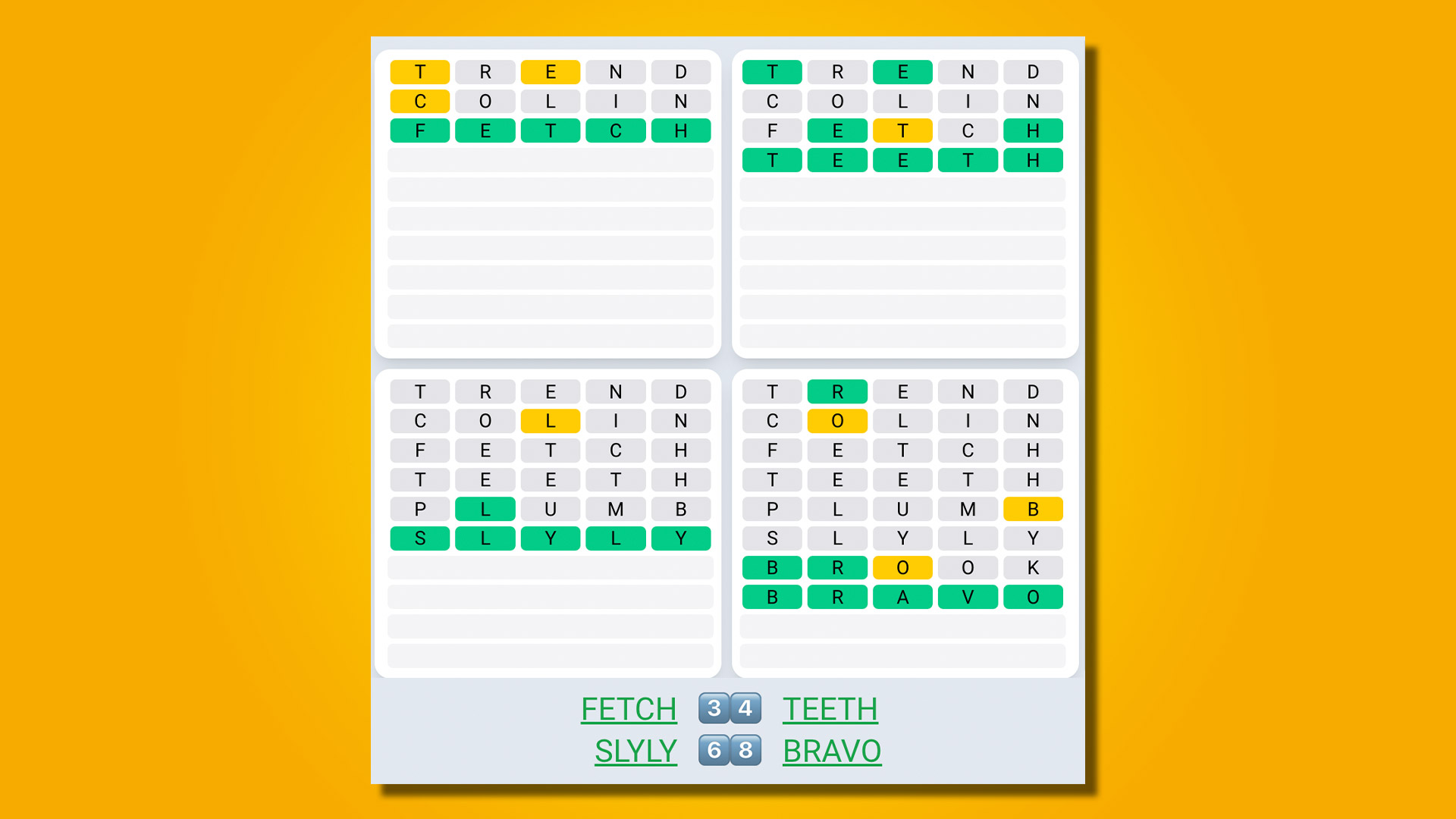 黄色背景上第 483 场比赛的 Quordle Daily Sequence 答案