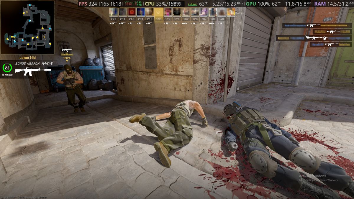 Counter-Strike 2 PC game running on a Radeon RX 9070 XT graphics card with performance metrics display at the top