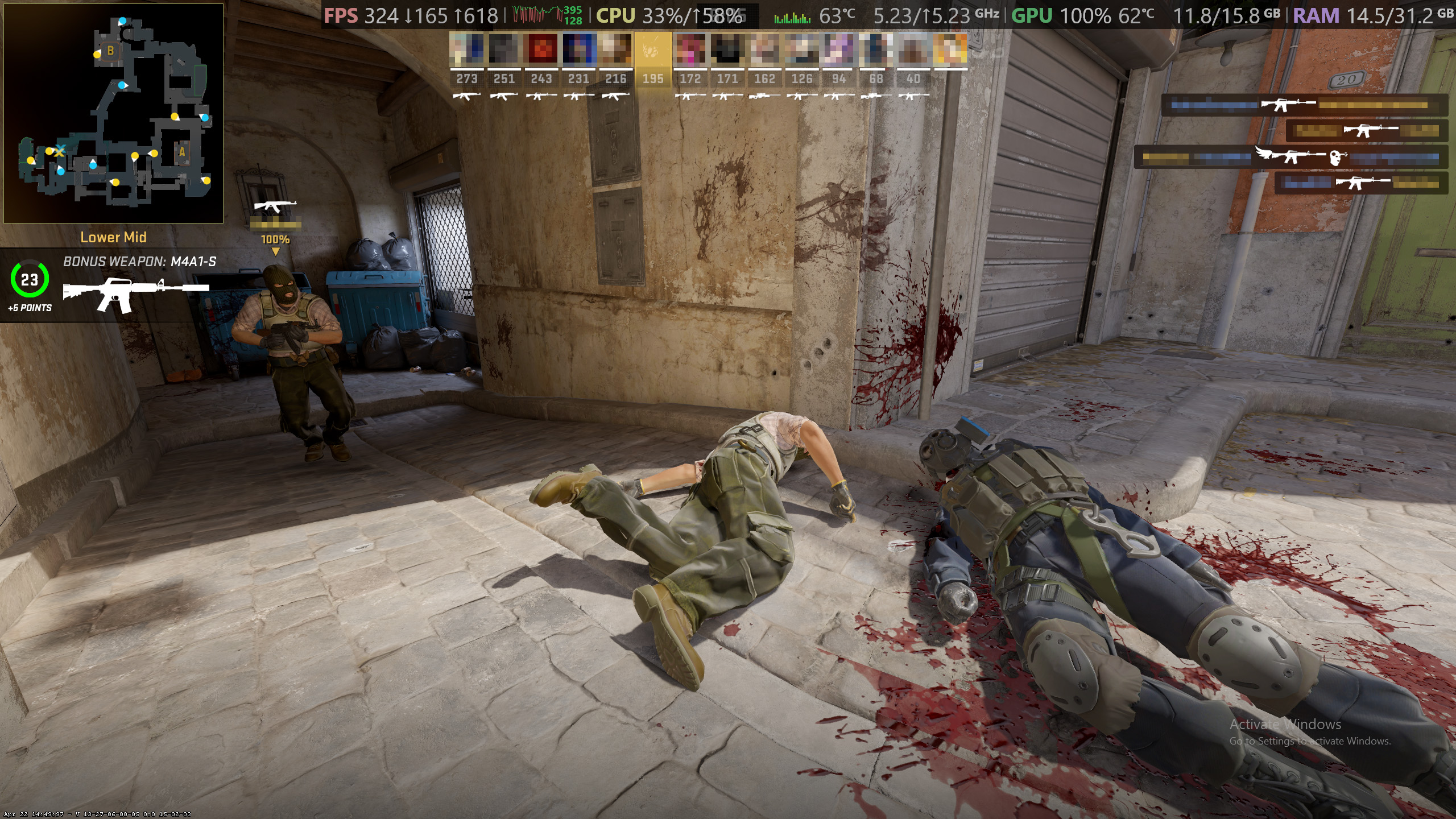 Counter-Strike 2 PC game running on a Radeon RX 9070 XT graphics card with performance metrics display at the top