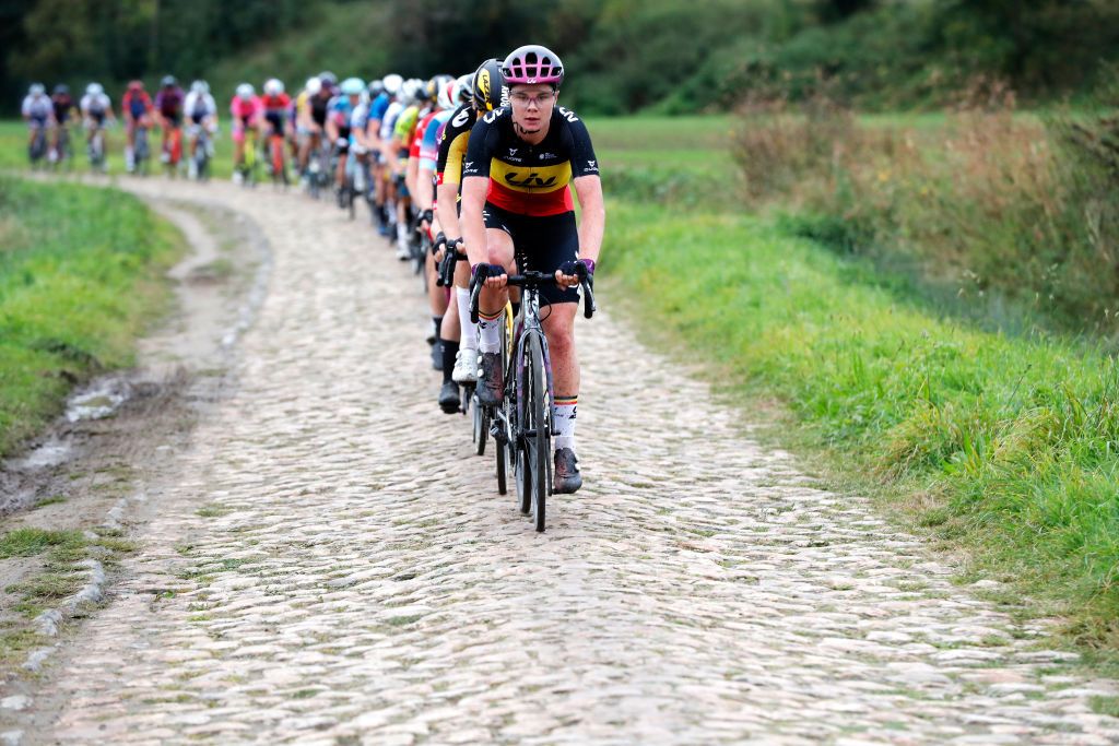 ROUBAIX FRANCE OCTOBER 02 Lotte Kopecky of Belgium and Team Liv Racing leads the peloton through cobblestones sector during the 1st ParisRoubaix 2021 Womens Elite a 1164km race from Denain to Roubaix ParisRoubaixFemmes ParisRoubaix on October 02 2021 in Roubaix France Photo by Bas CzerwinskiGetty Images