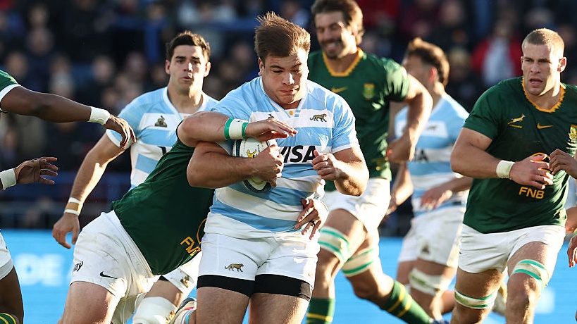 Argentina's prop Tomas Rapetti is tackled by South Africa's Boan Venter during the Rugby Union one-off test match between Argentina and South Africa at the Jose Amalfitani stadium in Buenos Aires. 