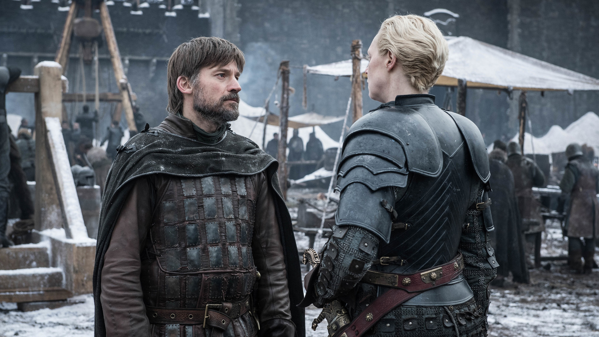 Nikolaj Coster Waldau as Jaime Lannister and Gwendoline Christie as Brienne of Tarth in Game of Thrones.
