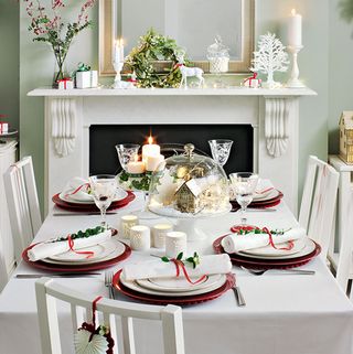 christmas dinning table white designed plates and white chairs