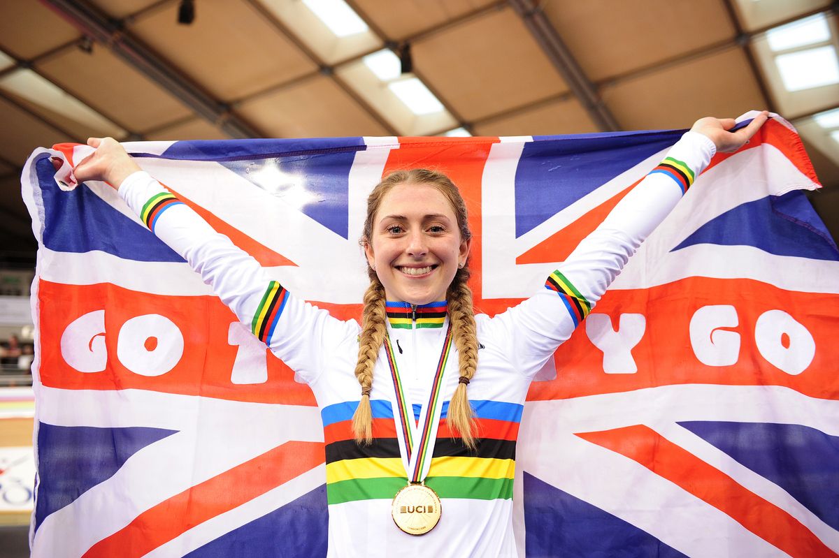 Laura Trott celebrates her second world title of the championships