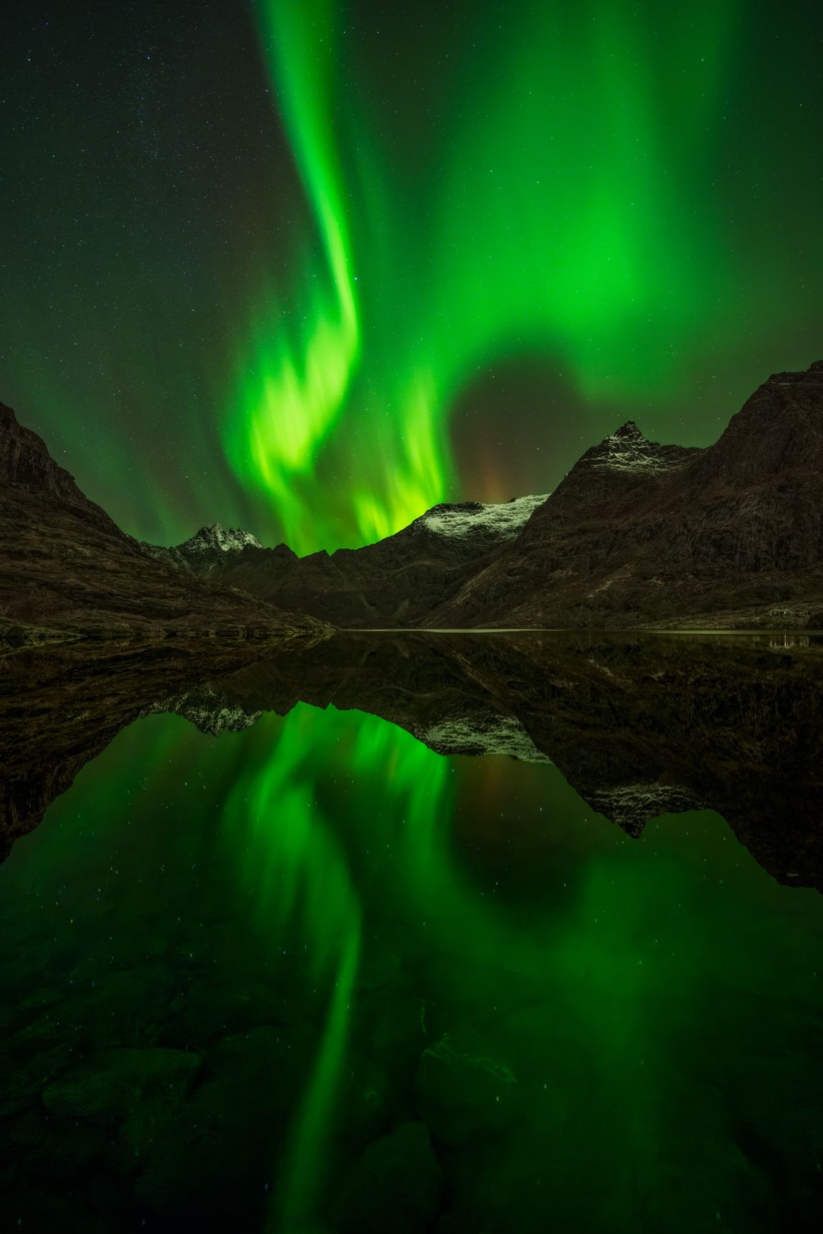 The Aurora Borealis dances above the mountains of &amp;Aring; in Norway's Lofoten Islands, its vibrant green light reflected across the calm waters below.
