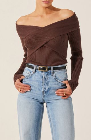 Crossover Off the Shoulder Rib Sweater