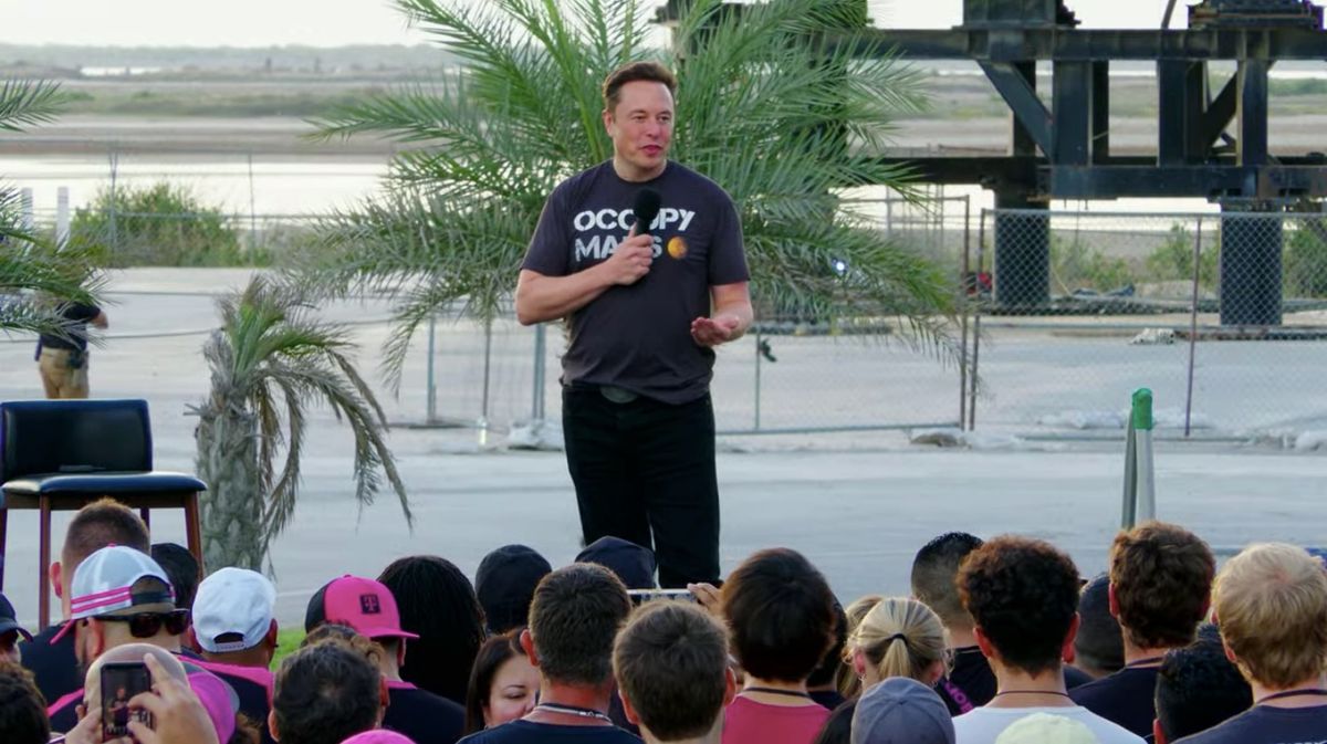 Elon Musk discusses Coverage Above and Beyond, a collaboration between SpaceX and T-Mobile that aims to boost cellphone connectivity by using SpaceX Starlink satellites, during a presentation at SpaceX&#039;s Starbase facility in Texas on Aug. 25, 2022.