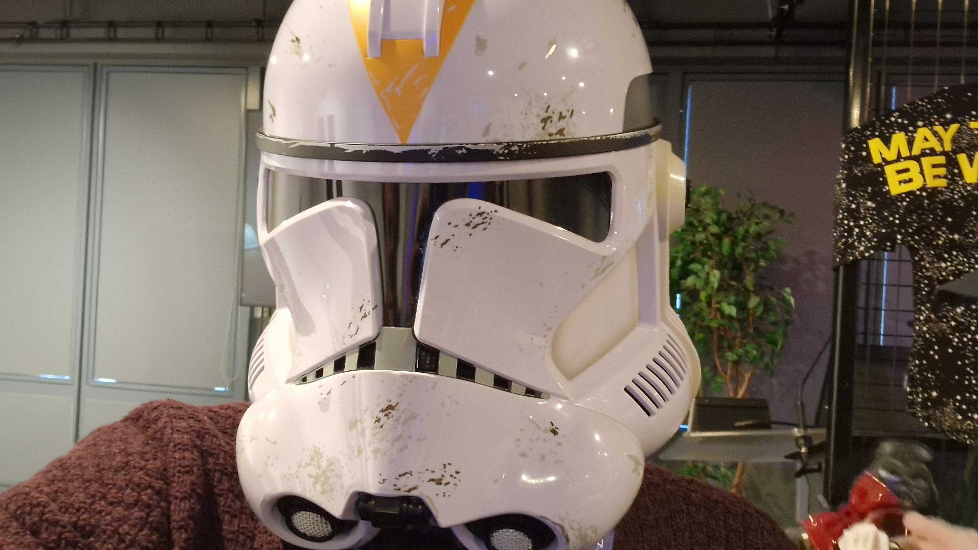 A person wearing the 212th Clone Trooper Helmet by Black Series