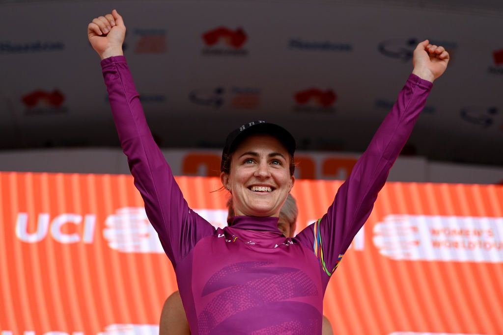 CAMPBELLTOWN AUSTRALIA JANUARY 17 Grace Brown of Australia and Team FDJSuez celebrates at podium as Pink UCI Womens WorldTour Leader Jersey during the 7th Santos Womens Tour Down Under 2023 Stage 3 a 932km stage from Torrens Foot Bridge Adelaide to Montacute Road Campbelltown TourDownUnder UCIWWT on January 17 2023 in Campbelltown Australia Photo by Tim de WaeleGetty Images