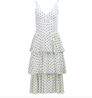 a ruffled polka dot dress in front of a plain backdrop