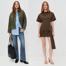 model wears jeans, blue button-dow, green jacket, and black hand bag, model wears brown dress with silver hardware detail. 