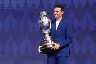 Lionel Scaloni, Head Coach of Argentina, presents the Copa America trophy during the official draw of CONMEBOL Copa America 2024 at James L. Knight Center on December 07, 2023 in Miami, Florida. (Photo by Eva Marie Uzcategui/Getty Images) Argentina Copa America 2024 squad