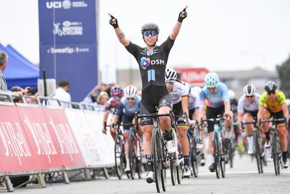 Lorena Wiebes (DSM) takes the win at stage five of the AJ Bell Women's Tour in Clacton, Essex