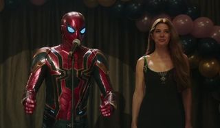 Spider-Man: Far From Home Iron Spider giving a thumbs up with Aunt May