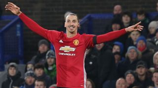 Zlatan Ibrahimovic celebrates after scoring for Manchester United against Everton in December 2016.