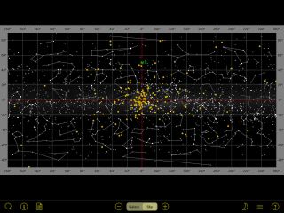 The Our Galaxy app's Sky View translates the positions of deep-sky objects onto a full map of the sky as viewed from Earth. White dots and lines represent the stars and constellations, while colored symbols denote the objects' locations. Tapping a symbol summons information about it.