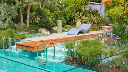 Contemporary garden design with a swimming pool in Mediterranean style