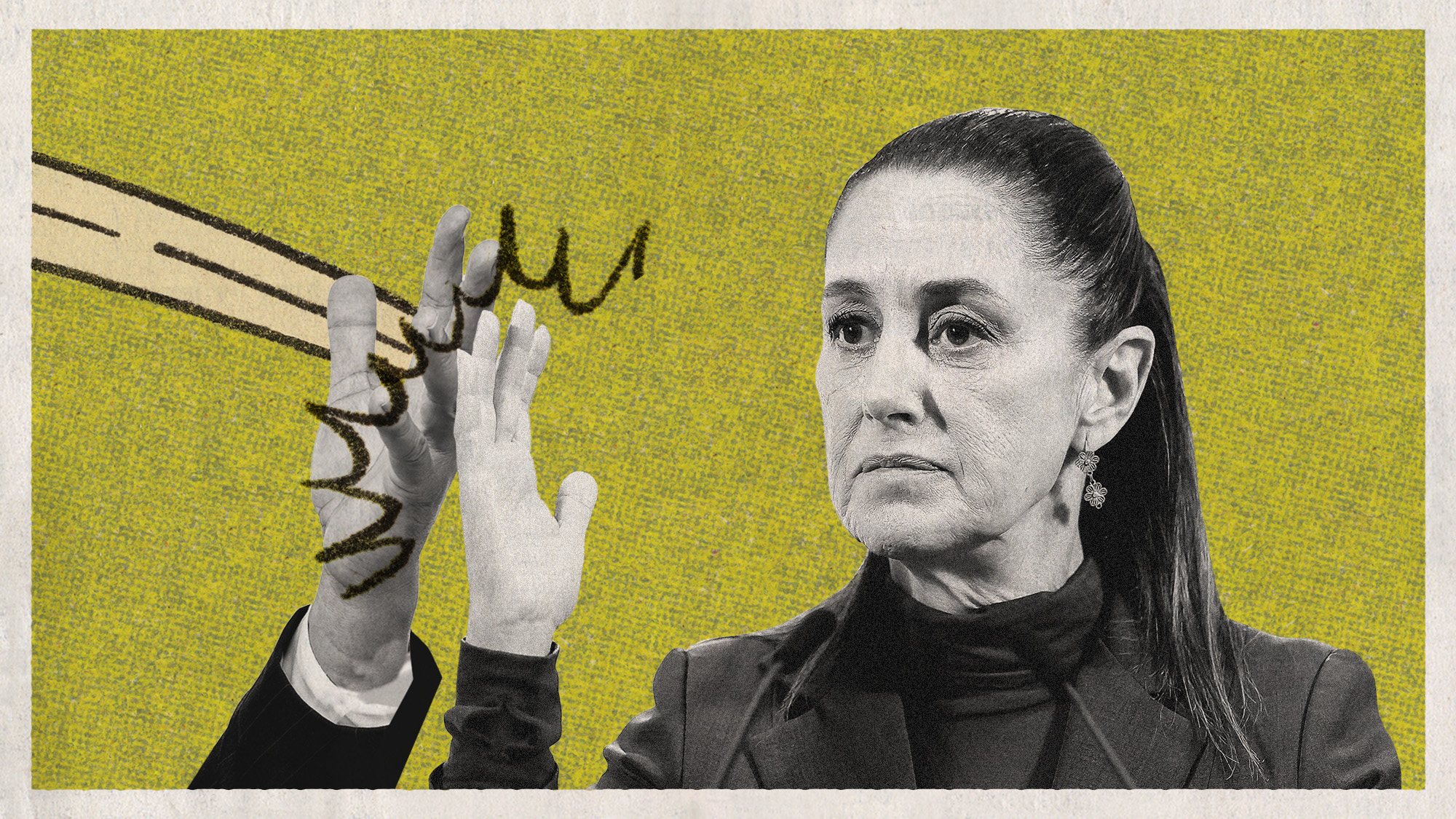 Photo collage of Claudia Sheinbaum swatting away a man's hand