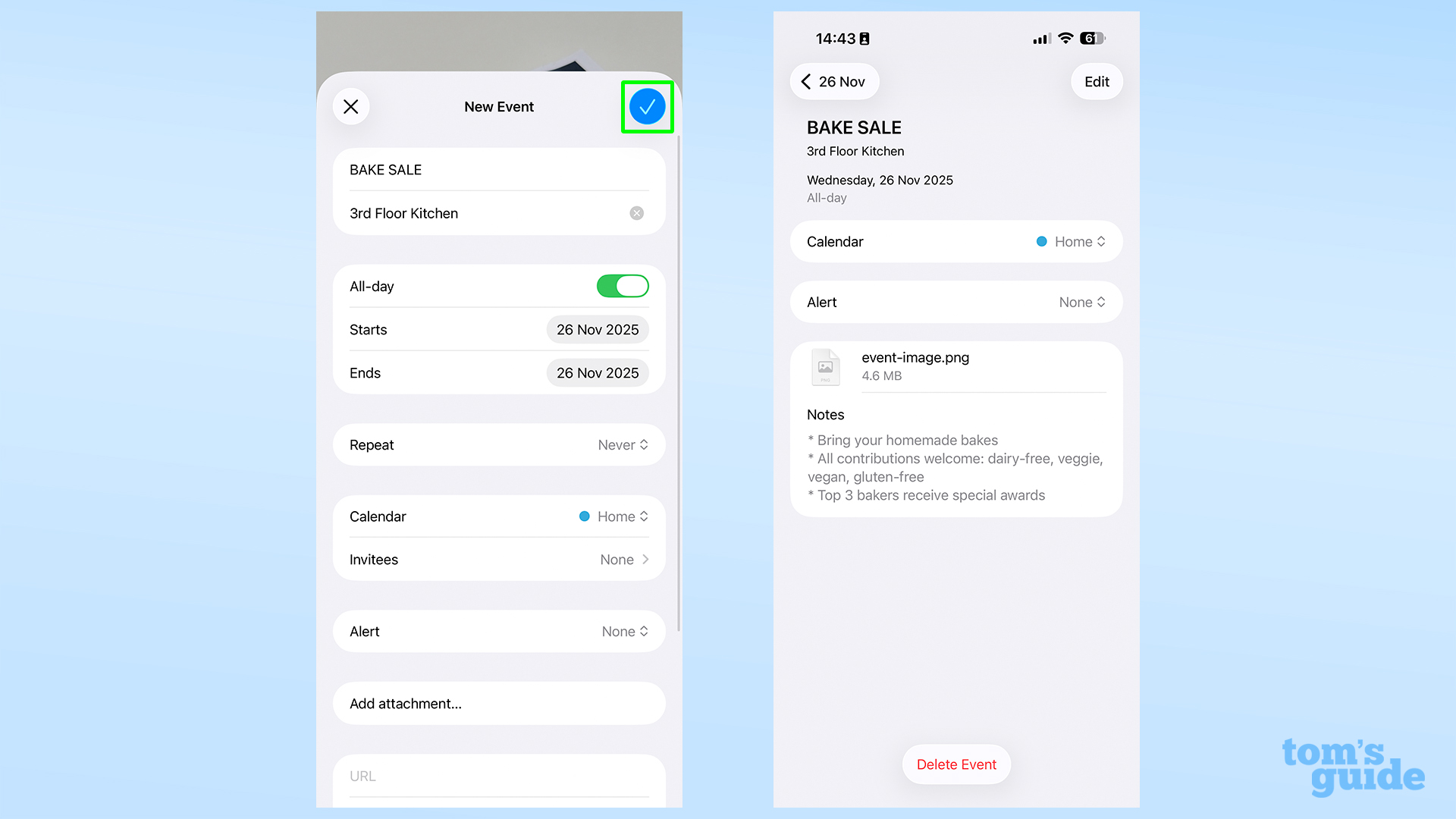 Apple Visual Intelligence editing the Bake Sale event and the final confirmed details