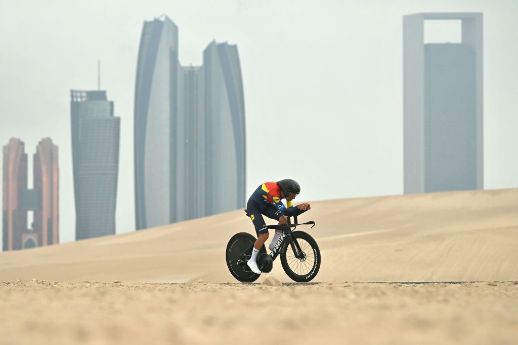 AL HUDAYRIYAT ISLAND ABU DHABI UNITED ARAB EMIRATES FEBRUARY 18 Giulio Ciccone of Italy and Team LidlTrek competes during the 7th UAE Tour Stage 2 a 122km individual time trial stage from Al Hudayriyat Island to Al Hudayriyat Island UCIWWT on February 18 2025 in Abu Dhabi United Arab Emirates Photo by Dario BelingheriGetty Images