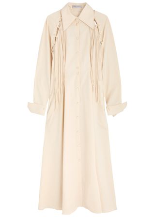 Assembled Fringed Cotton Midi Shirt Dress