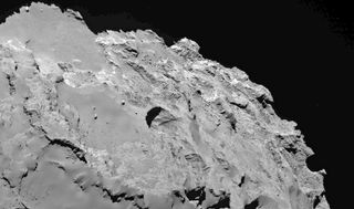 This close-up image shows the most active pit, known as Seth_01, observed on the surface of comet 67P/Churyumov-Gerasimenko by the Rosetta spacecraft.