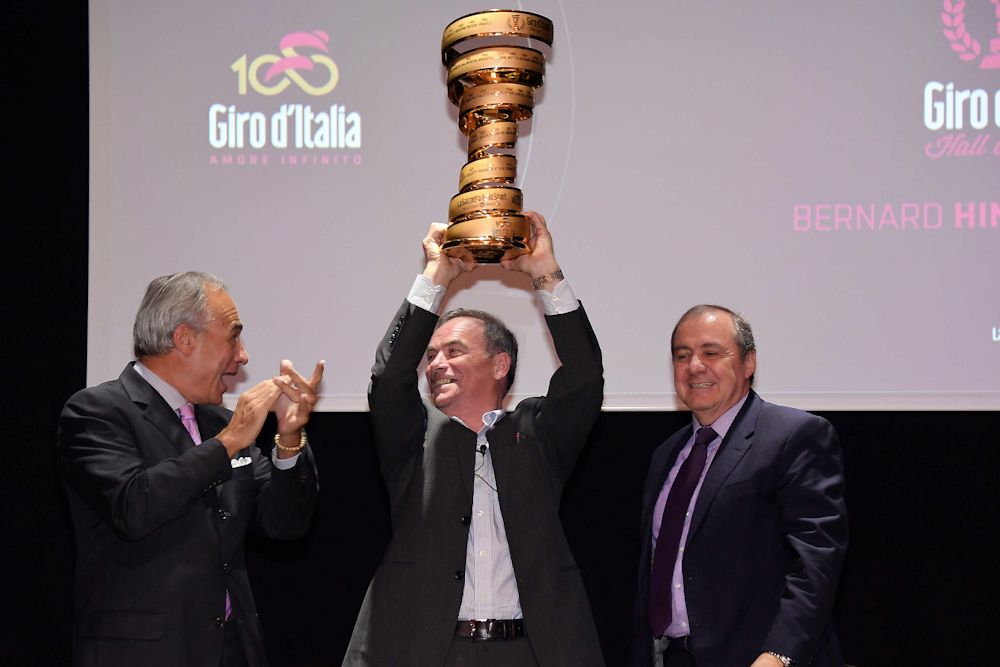 Bernard Hinault with Andrea Monti, La Gazzetta dello Sport Director and Mauro Vegni, Giro d'Italia Director