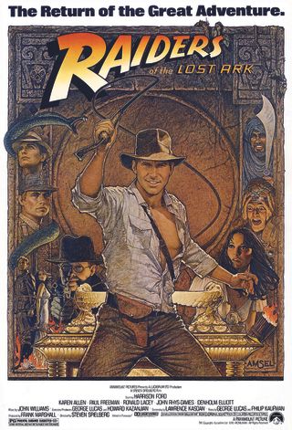 Richard Amsel’s poster for the 1982 re-release of Raiders of the Lost Ark perfectly embodies the film, conveying the characters, the intrigue and the whip