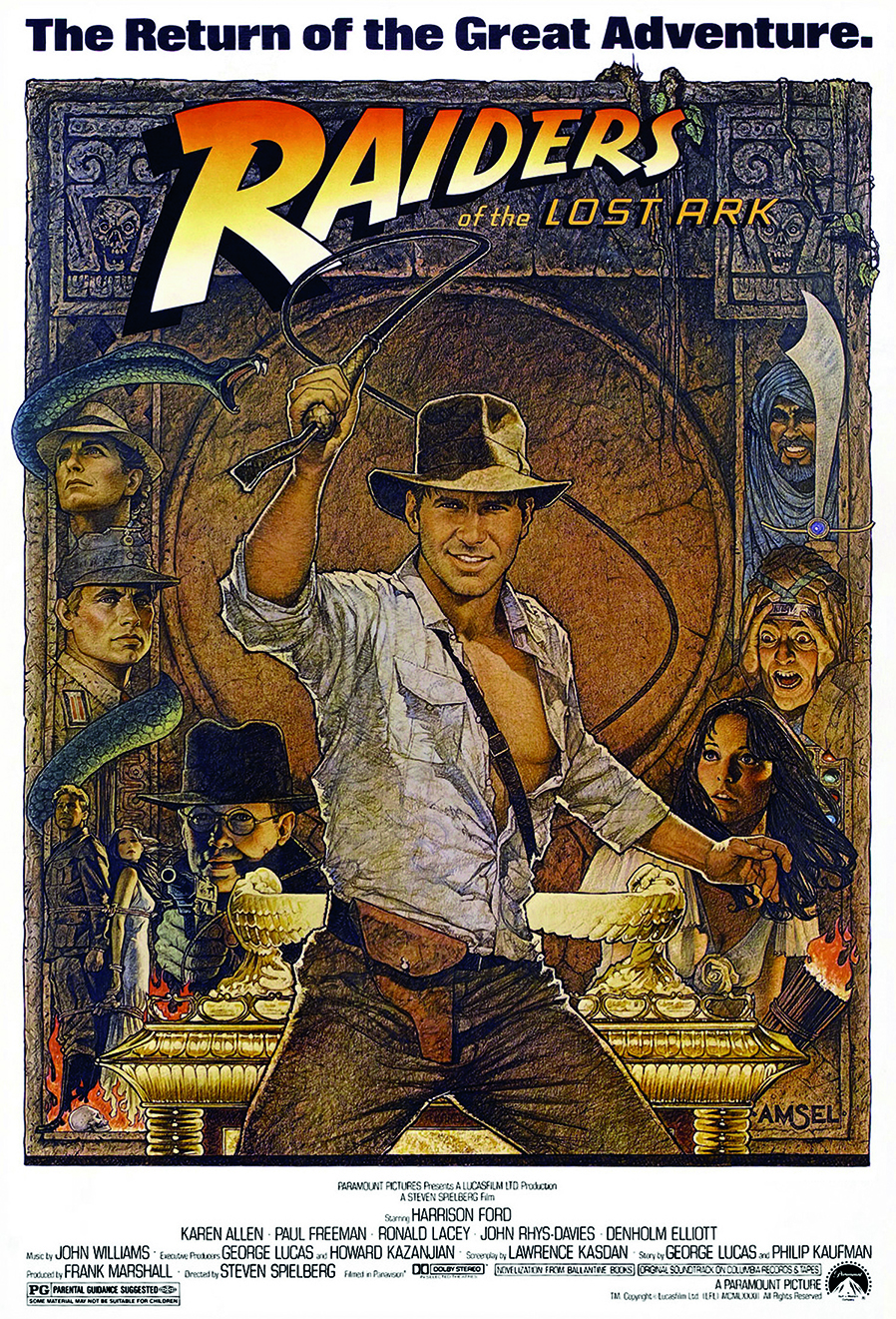 Richard Amsel’s poster for the 1982 re-release of Raiders of the Lost Ark perfectly embodies the film, conveying the characters, the intrigue and the whip