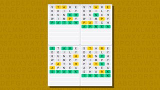 Quordle daily sequence answers for game 809 on a yellow background
