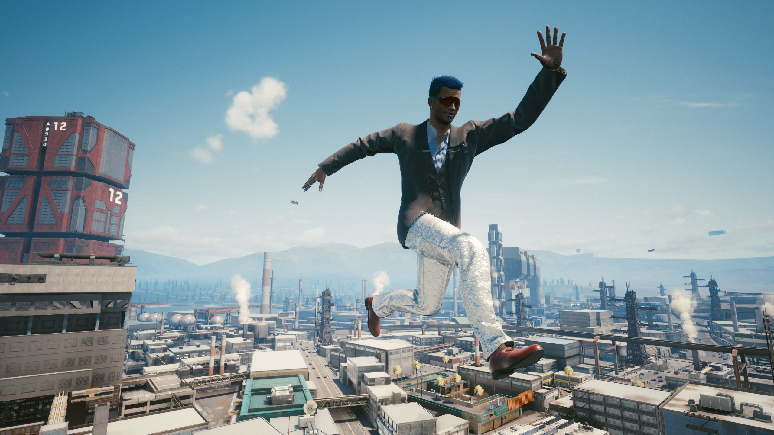 A man leaps over Night City in shiny pants