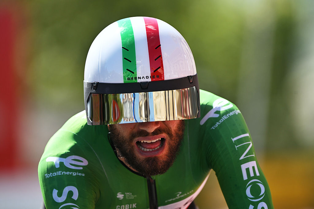 VALLADOLID, SPAIN - SEPTEMBER 11: Filippo Ganna of Italy and Team INEOS Grenadiers crosses the finish line during the La Vuelta - 80th Tour of Spain 2025, Stage 18 a 12.2km individual time trial stage from Valladolid to Valladolid / Stage shortened for safety reasons / #UCIWT / on September 11, 2025 in Valladolid, Spain. (Photo by Dario Belingheri/Getty Images)