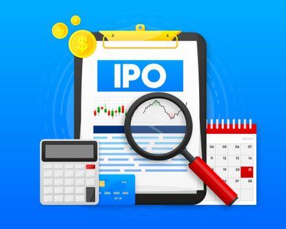 digital upcoming ipos concept with image IPO written on a clipboard alongside a magnifying glass, calculator and calendar