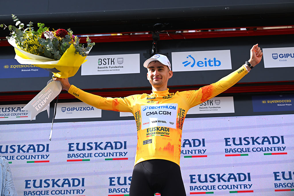 EIBAR, SPAIN - APRIL 10: Paul Seixas of France and Team Decathlon CMA CGM celebrates at podium as Yellow Leader Jersey winner during the 65th Itzulia Basque Country 2026, Stage 5 a 176.2km stage from Eibar to Eibar / #UCIWT / on April 10, 2026 in Eibar, Spain. (Photo by Tim de Waele/Getty Images)