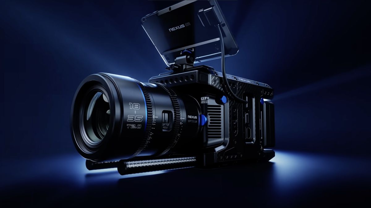 The Nexus G1 cinema camera with a lens and external monitor sits against a blue background