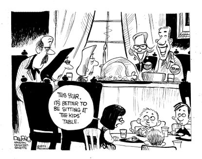 Political cartoon U.S. 2016 election Thanksgiving dinner table