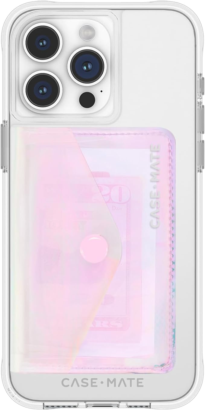 An iridescent magnetic Case-Mate wallet on the back of a white iPhone
