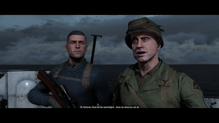 A screenshot of a cutscene from Sniper Elite 5's first mission.
