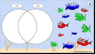 Cartoon fish eye empty bubbles labeled "red" and "one"