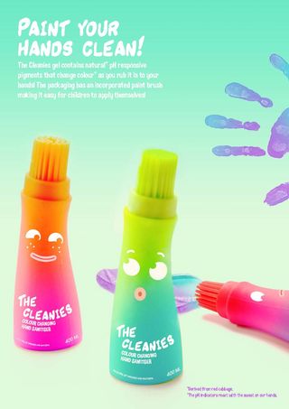Paintg hand gel poster, background pale green fade, blue and purple handprint, colouful hand gel bottles with facial expressions
