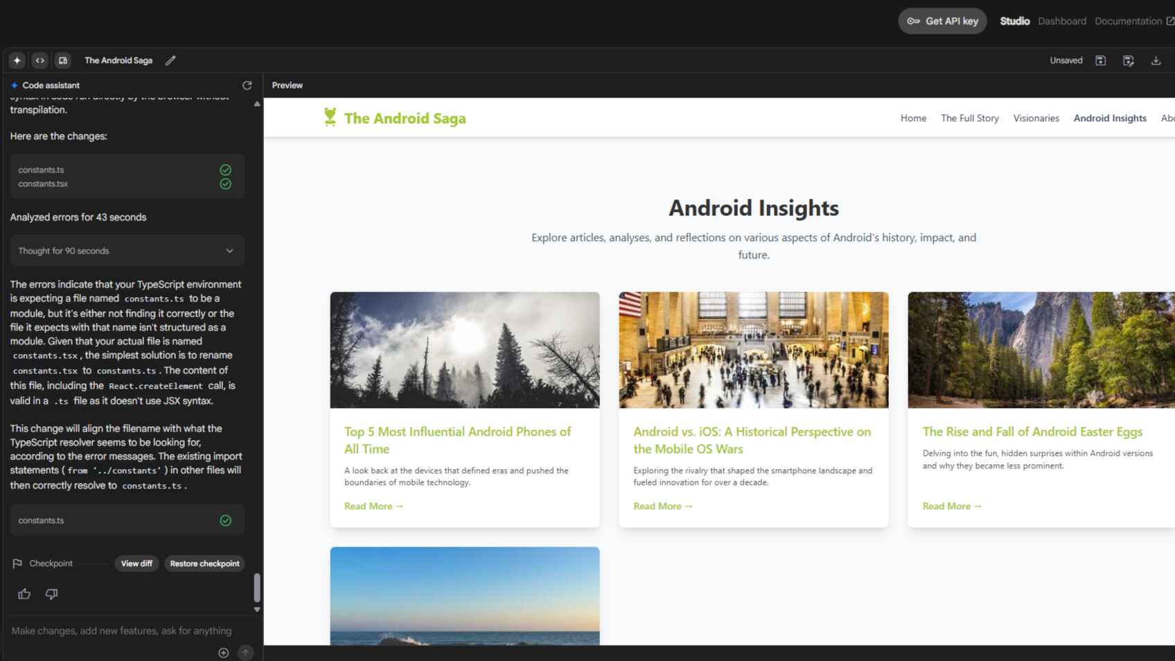 Google Gemini 2.5 Flash Preview results from complex prompt to create Android History website